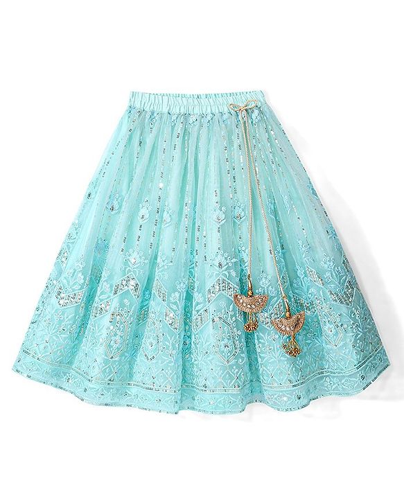 Babyhug Woven  Sleeveless Sequince Embroidered Choli with Lehenga and Dupatta - Aqua