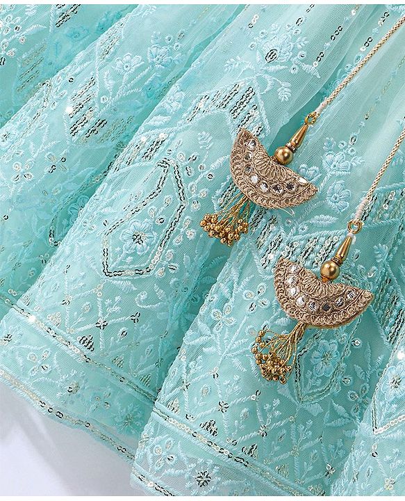 Babyhug Woven  Sleeveless Sequince Embroidered Choli with Lehenga and Dupatta - Aqua