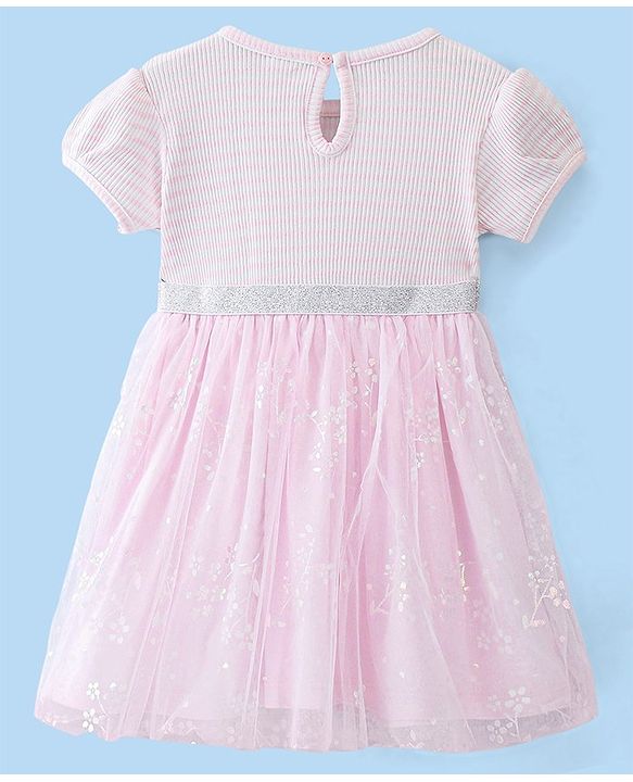 Babyhug Cotton Knit Half Sleeves Frock With Floral Applique Print - Pink
