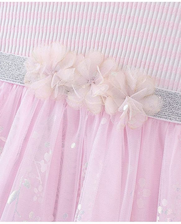 Babyhug Cotton Knit Half Sleeves Frock With Floral Applique Print - Pink