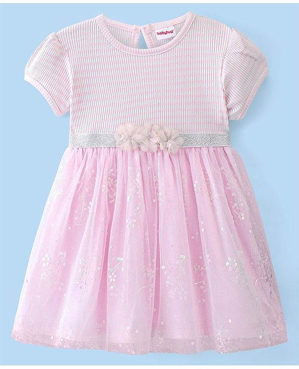 Babyhug Cotton Knit Half Sleeves Frock With Floral Applique Print - Pink