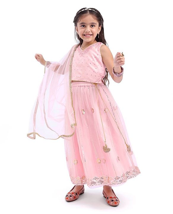 Babyhug Sleeveless Sequinned Embroidered Choli with Lehenga and Dupatta - Pink