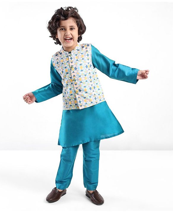 Babyhug 100% Cotton Full Sleeves Kurta & Pyjama Set With Jacket Pyramid Print - Blue