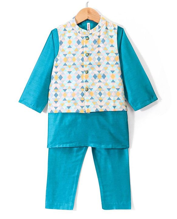 Babyhug 100% Cotton Full Sleeves Kurta & Pyjama Set With Jacket Pyramid Print - Blue