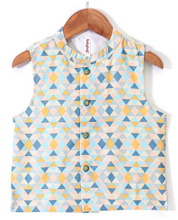 Babyhug 100% Cotton Full Sleeves Kurta & Pyjama Set With Jacket Pyramid Print - Blue
