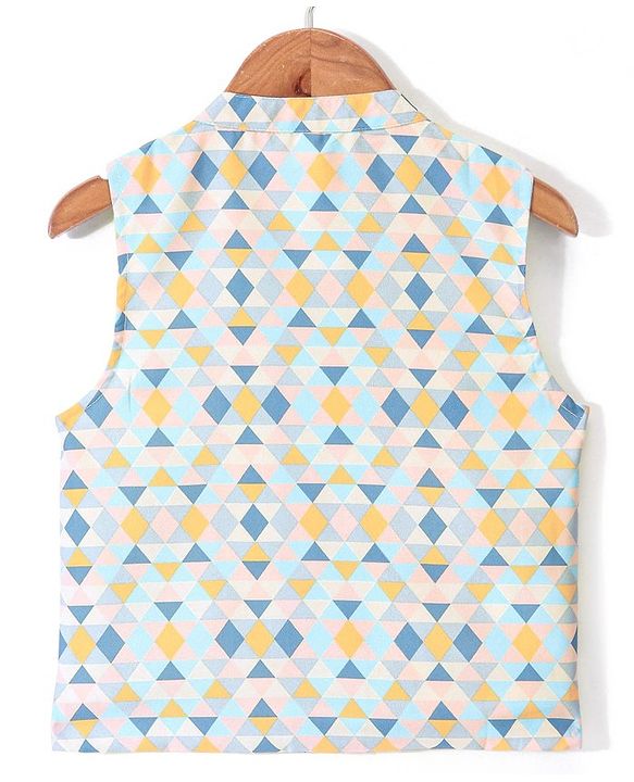 Babyhug 100% Cotton Full Sleeves Kurta & Pyjama Set With Jacket Pyramid Print - Blue