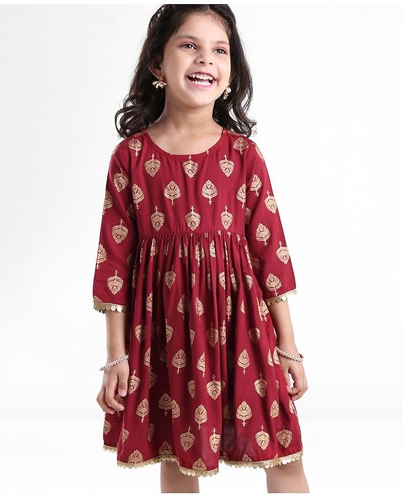 Babyhug Three Fourth Sleeves Ethnic Dress Leaves Foil Print - Maroon