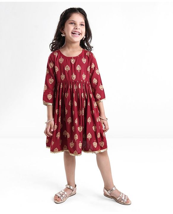 Babyhug Three Fourth Sleeves Ethnic Dress Leaves Foil Print - Maroon