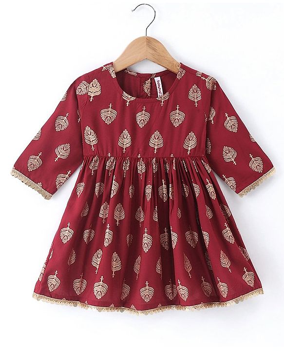 Babyhug Three Fourth Sleeves Ethnic Dress Leaves Foil Print - Maroon