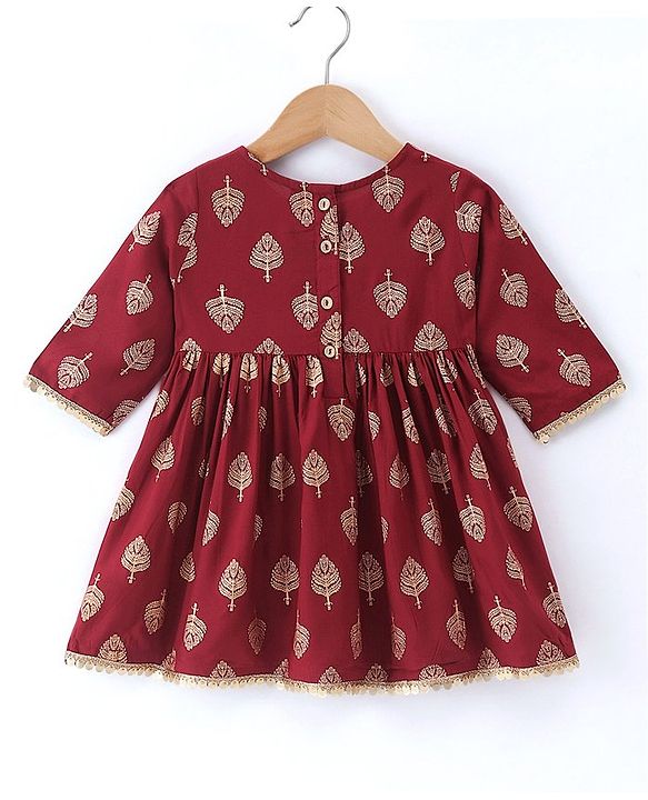 Babyhug Three Fourth Sleeves Ethnic Dress Leaves Foil Print - Maroon
