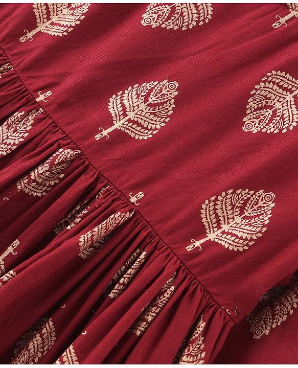 Babyhug Three Fourth Sleeves Ethnic Dress Leaves Foil Print - Maroon
