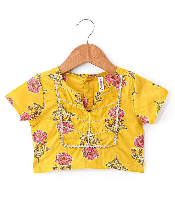 Babyhug 100% Cotton Woven Half Sleeves Choli & Lehenga with Dupatta Floral Print - Yellow