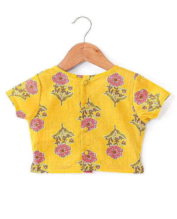 Babyhug 100% Cotton Woven Half Sleeves Choli & Lehenga with Dupatta Floral Print - Yellow