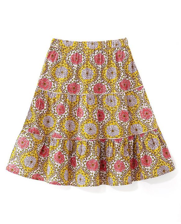 Babyhug 100% Cotton Woven Half Sleeves Choli & Lehenga with Dupatta Floral Print - Yellow