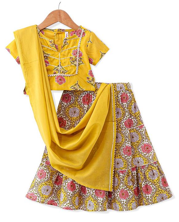 Babyhug 100% Cotton Woven Half Sleeves Choli & Lehenga with Dupatta Floral Print - Yellow