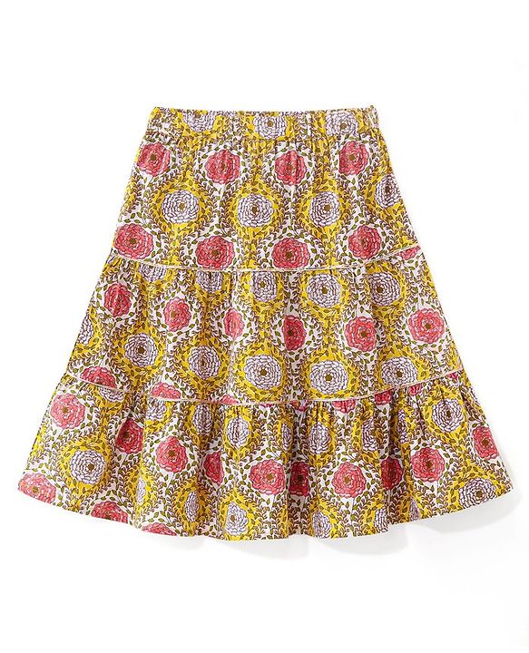 Babyhug 100% Cotton Woven Half Sleeves Choli & Lehenga with Dupatta Floral Print - Yellow