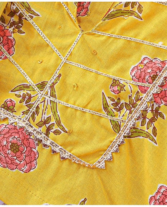 Babyhug 100% Cotton Woven Half Sleeves Choli & Lehenga with Dupatta Floral Print - Yellow