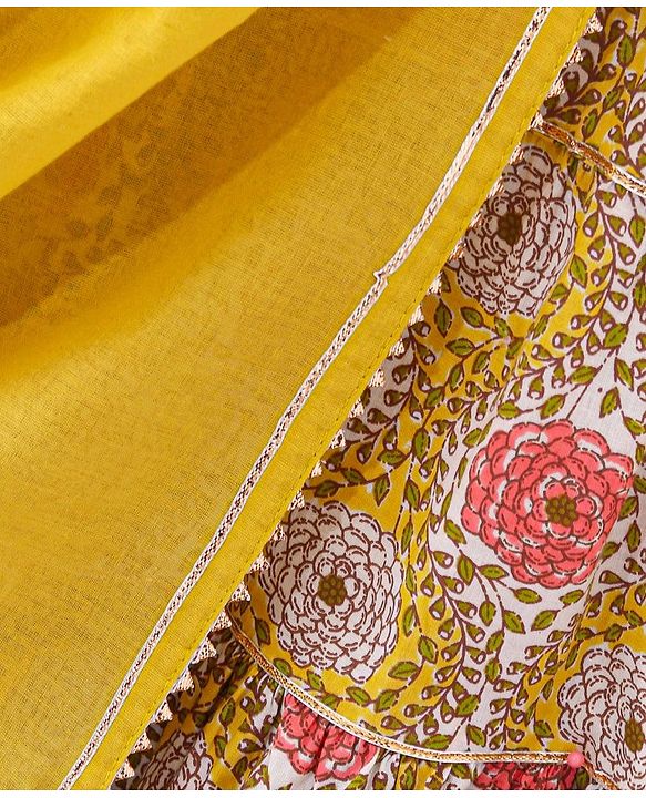 Babyhug 100% Cotton Woven Half Sleeves Choli & Lehenga with Dupatta Floral Print - Yellow