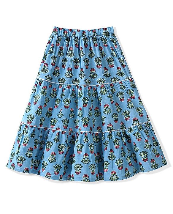 Babyhug  100% Cotton Woven Half Sleeves Floral Printed Choli Lahenga Set with Dupatta - Blue