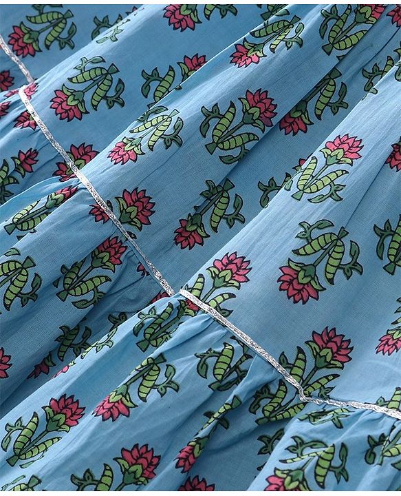 Babyhug  100% Cotton Woven Half Sleeves Floral Printed Choli Lahenga Set with Dupatta - Blue