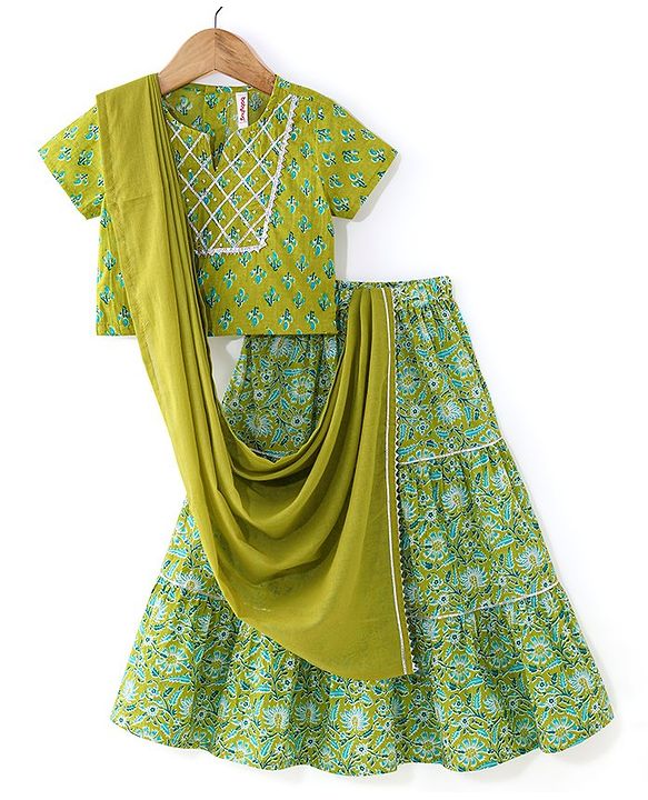 Babyhug Cotton Woven Half Sleeves Choli & Lehenga Set with Dupatta Floral Printed - Green