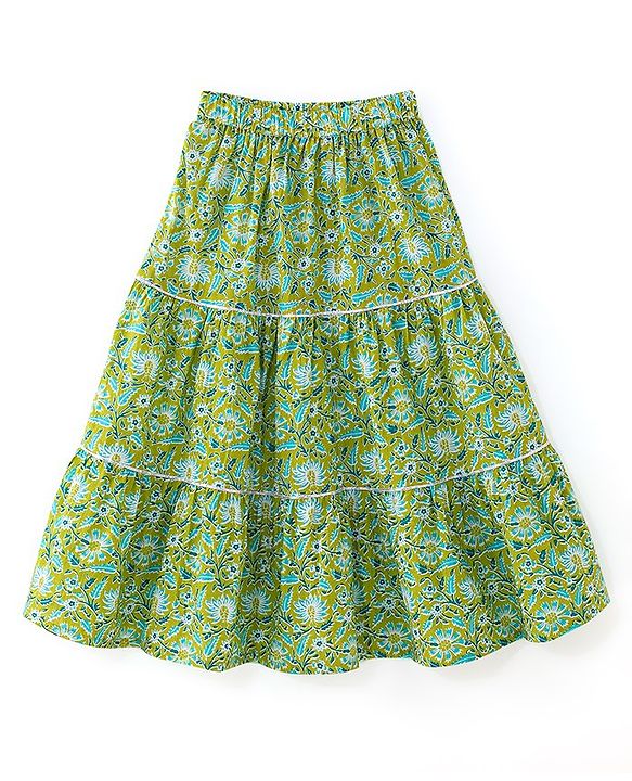 Babyhug Cotton Woven Half Sleeves Choli & Lehenga Set with Dupatta Floral Printed - Green