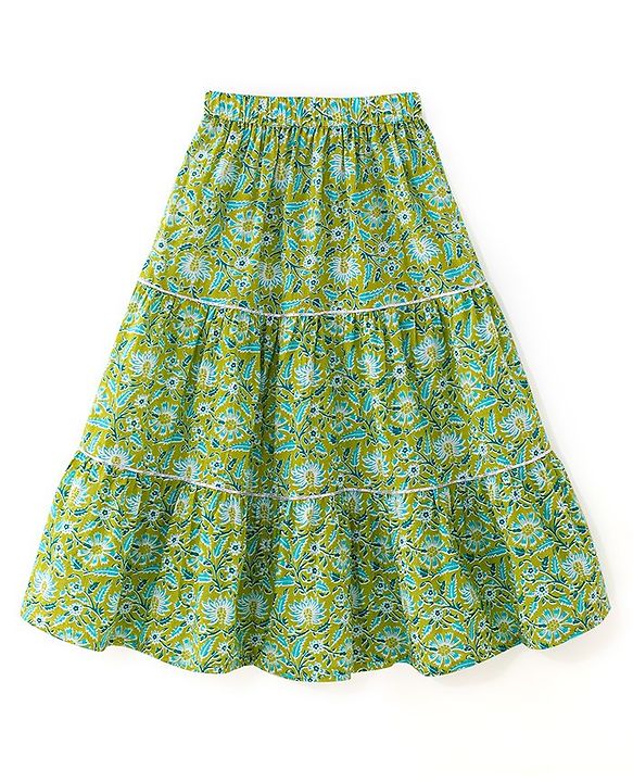 Babyhug Cotton Woven Half Sleeves Choli & Lehenga Set with Dupatta Floral Printed - Green