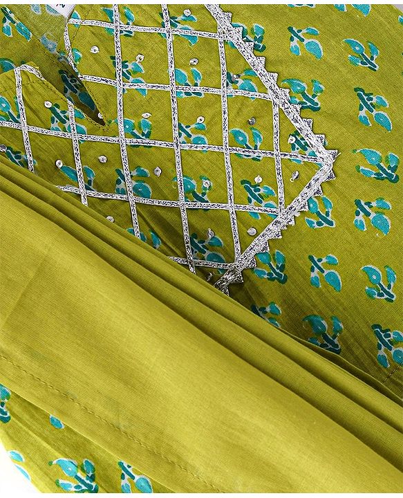 Babyhug Cotton Woven Half Sleeves Choli & Lehenga Set with Dupatta Floral Printed - Green