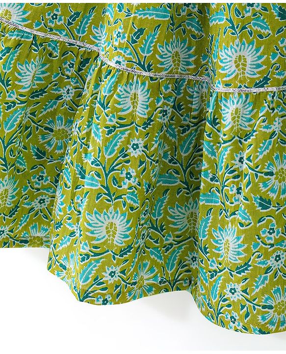 Babyhug Cotton Woven Half Sleeves Choli & Lehenga Set with Dupatta Floral Printed - Green