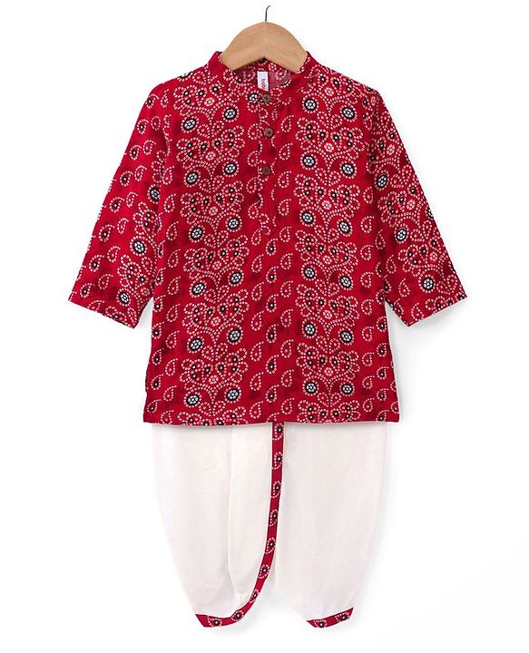 Babyhug 100% Cotton Woven Full Sleeves Bandhani Printed Kurta Dhoti Set -Red
