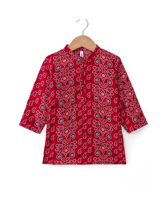 Babyhug 100% Cotton Woven Full Sleeves Bandhani Printed Kurta Dhoti Set -Red