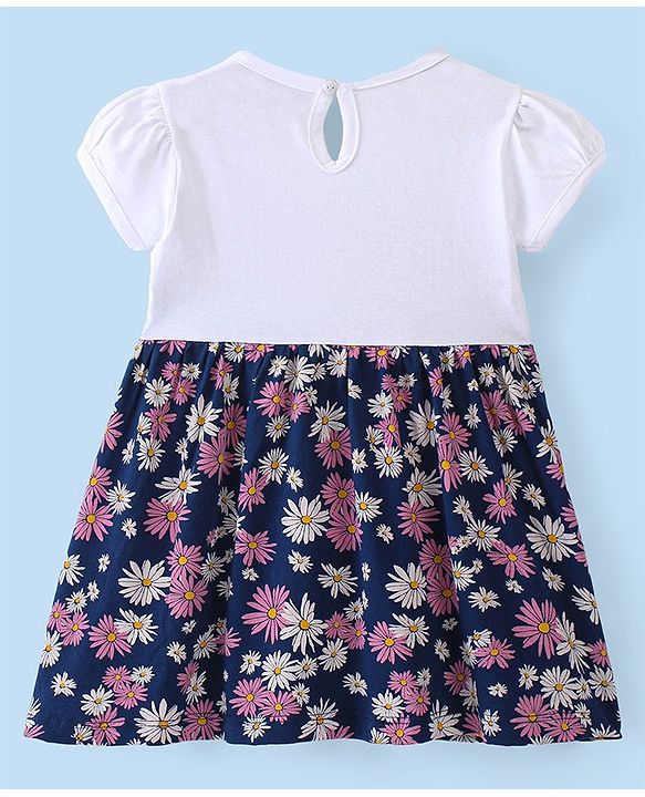 Babyhug 100% Cotton Single Jersey Knit Half Sleeves Frock Floral Print - Navy Blue