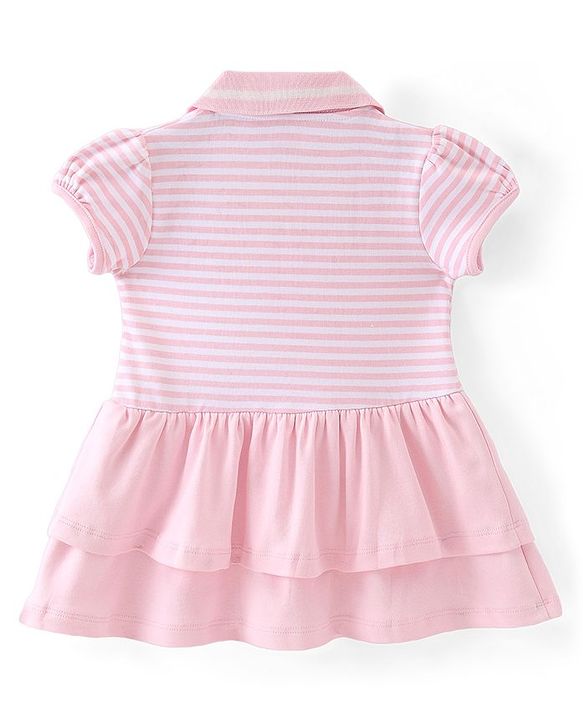 Babyhug Half Sleeves Cotton Knit Striped Layered Frock Butterfly Embroidery - Pink