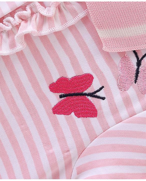 Babyhug Half Sleeves Cotton Knit Striped Layered Frock Butterfly Embroidery - Pink