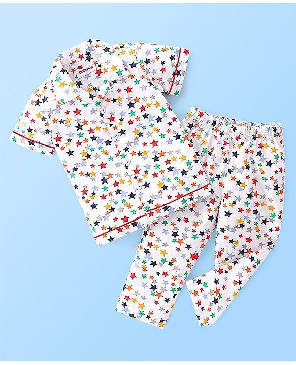 Babyhug Poplin Cotton Woven  Half Sleeves Night Suit Star Print - White