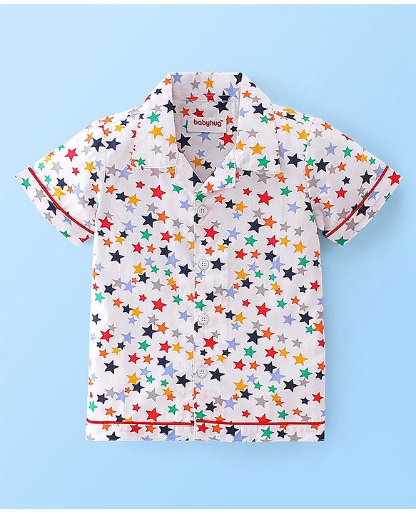 Babyhug Poplin Cotton Woven  Half Sleeves Night Suit Star Print - White