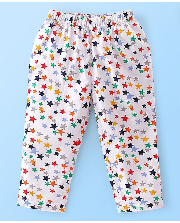 Babyhug Poplin Cotton Woven  Half Sleeves Night Suit Star Print - White