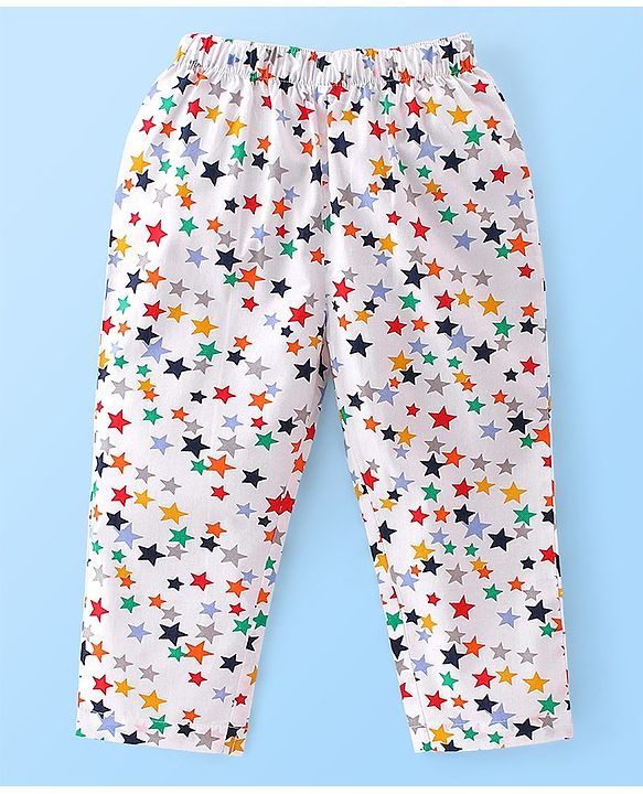 Babyhug Poplin Cotton Woven  Half Sleeves Night Suit Star Print - White