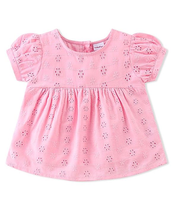 Babyhug Half Sleeves Schiffli Woven Top with Embroidery Detailing - Pink