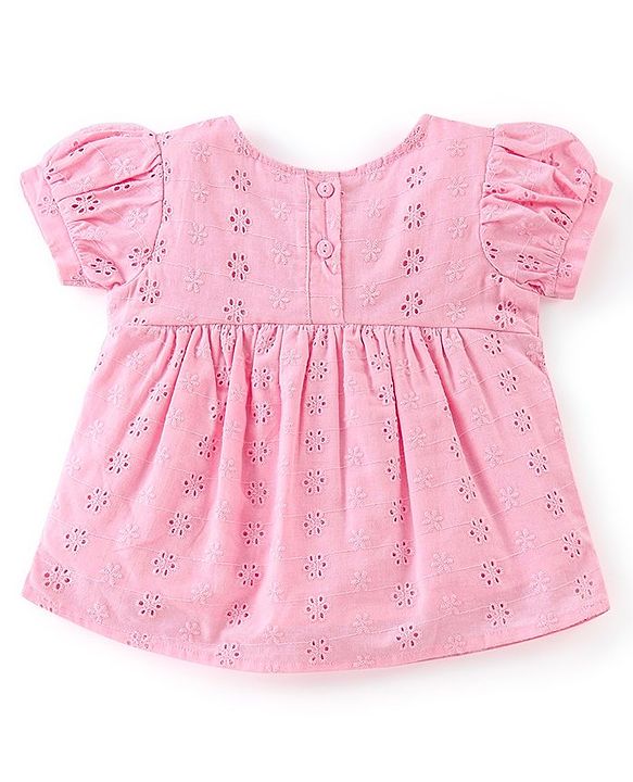 Babyhug Half Sleeves Schiffli Woven Top with Embroidery Detailing - Pink