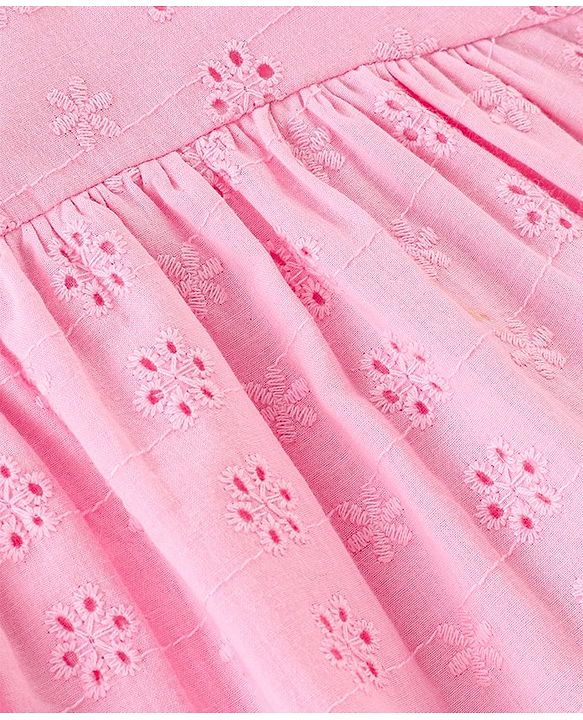 Babyhug Half Sleeves Schiffli Woven Top with Embroidery Detailing - Pink