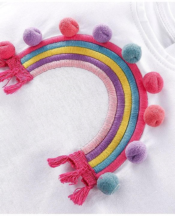 Babyhug 100% Cotton Knit Half Sleeves T-Shirt with Mesh & Rainbow Embroidery - White