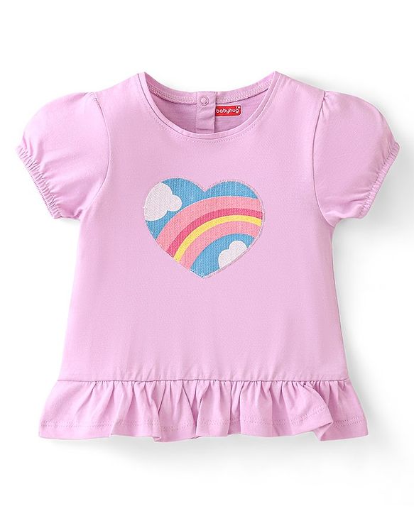 Babyhug 100% Cotton Knit Half Sleeves Top With Frill & Rainbow Sequins Detailing - Purple