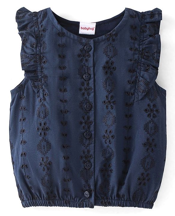 Babyhug Sleeveless Woven Top with Embroidery Detailing - Navy Blue