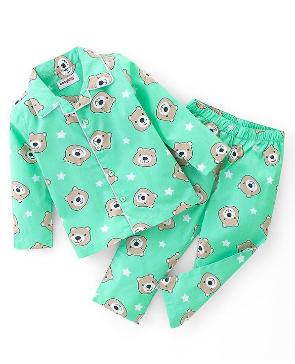 Babyhug Cotton Poplin Woven Full Sleeves Night Suit Bear Print - Green