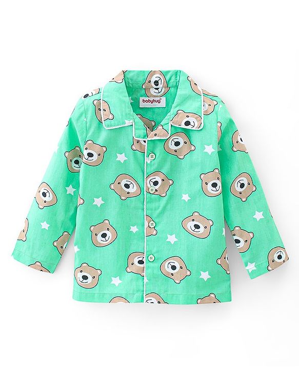 Babyhug Cotton Poplin Woven Full Sleeves Night Suit Bear Print - Green