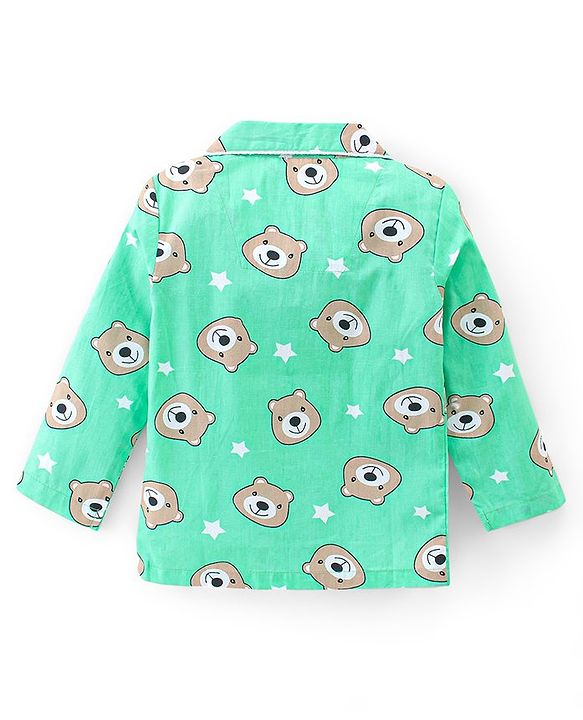 Babyhug Cotton Poplin Woven Full Sleeves Night Suit Bear Print - Green