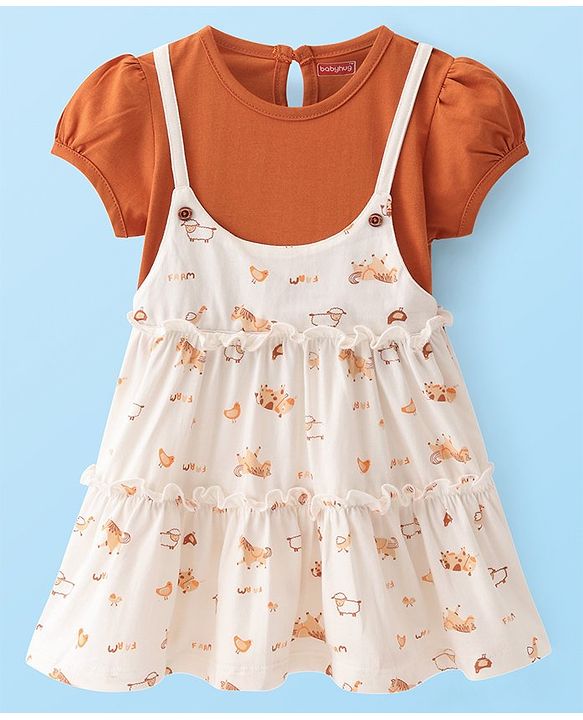 Babyhug Single Jersey Knit Half Sleeves  Frock with Animal Print - White & Brown