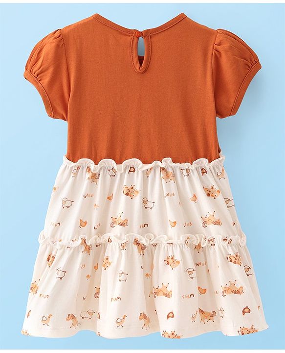 Babyhug Single Jersey Knit Half Sleeves  Frock with Animal Print - White & Brown