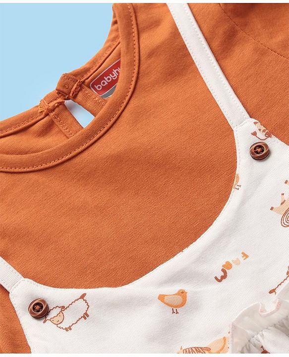 Babyhug Single Jersey Knit Half Sleeves  Frock with Animal Print - White & Brown